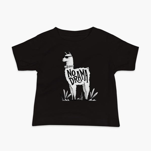 A llama that has a trach or tracheostomy with an HME and the text No Drama written on its side. It is wearing sunglasses and is super chill for the stoma life on a black infant t-shirt.
