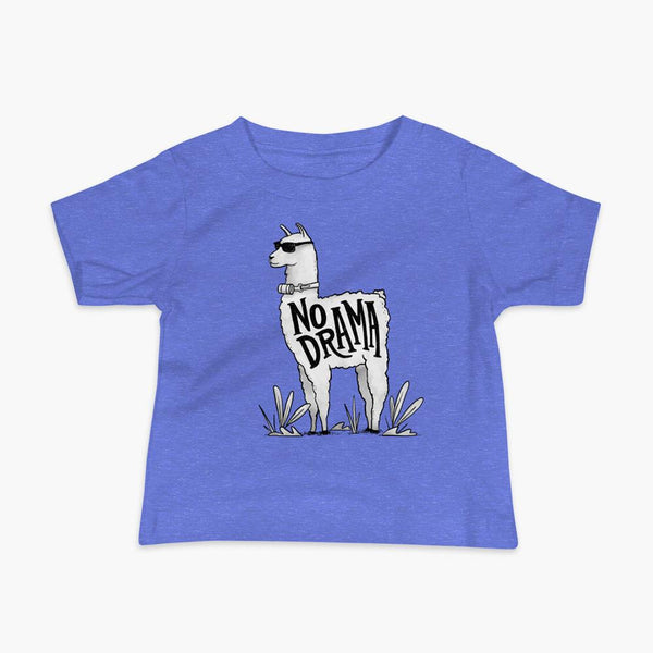 A llama that has a trach or tracheostomy with an HME and the text No Drama written on its side. It is wearing sunglasses and is super chill for the stoma life on a columbia blue infant t-shirt.