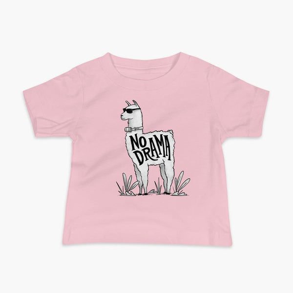 A llama that has a trach or tracheostomy with an HME and the text No Drama written on its side. It is wearing sunglasses and is super chill for the stoma life on a pink infant t-shirt.