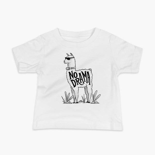 A llama that has a trach or tracheostomy with an HME and the text No Drama written on its side. It is wearing sunglasses and is super chill for the stoma life on a white infant t-shirt.