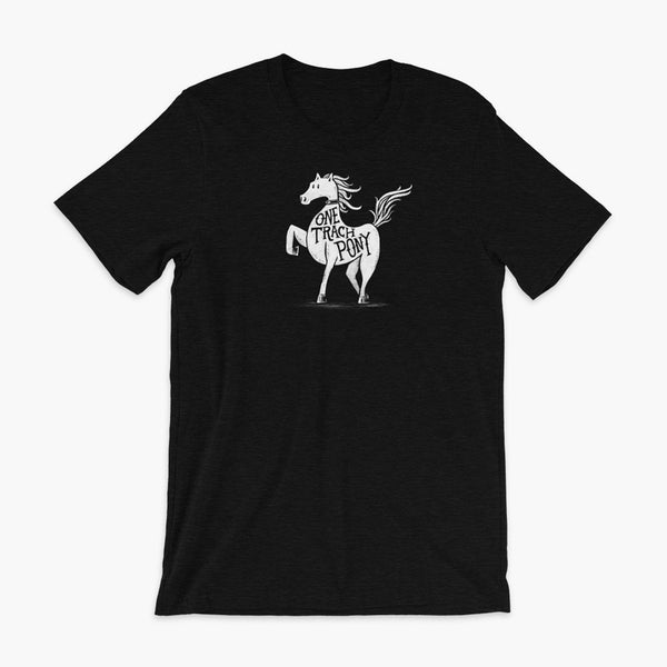 A horse or one trach pony on a black heather adult  t-shirt with a tracheostomy for the StomaStoma trach life