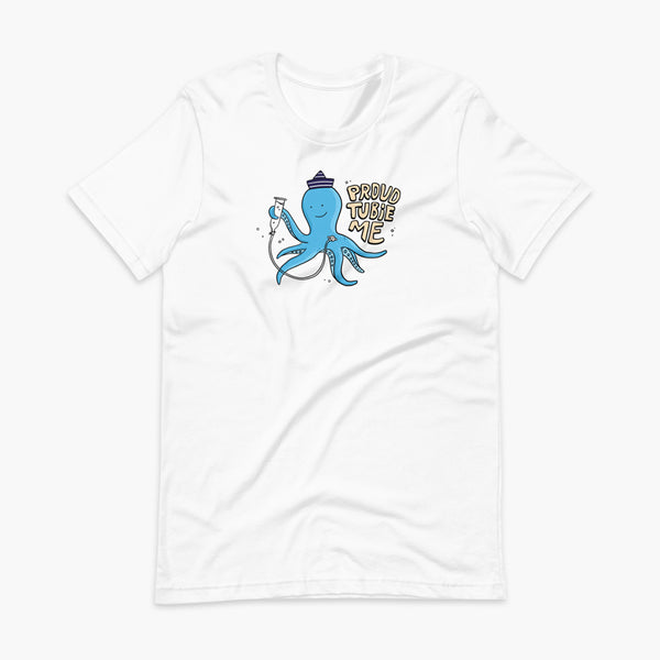 An octopus with a g-tube or gastronomy tube holding a feeding syringe doing a gravity feed in the ocean or underwater using his FreeArm feeding assistant with a stoma on a white adult t-shirt