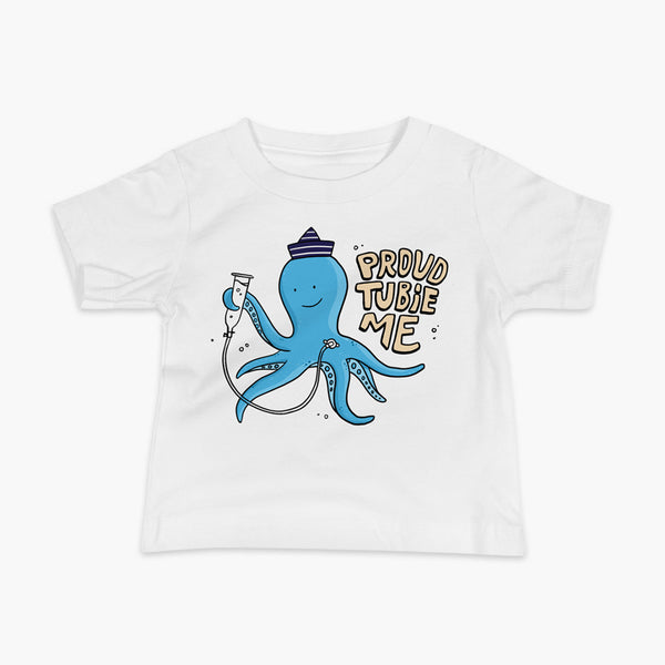 An octopus with a g-tube or gastronomy tube holding a feeding syringe doing a gravity feed in the ocean or underwater using his FreeArm feeding assistant with a stoma on a white infant t-shirt