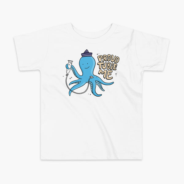 An octopus with a g-tube or gastronomy tube holding a feeding syringe doing a gravity feed in the ocean or underwater using his FreeArm feeding assistant with a stoma on a white kids t-shirt