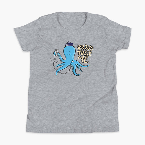 An octopus with a g-tube or gastronomy tube holding a feeding syringe doing a gravity feed in the ocean or underwater using his FreeArm feeding assistant with a stoma on a heather grey youth t-shirt