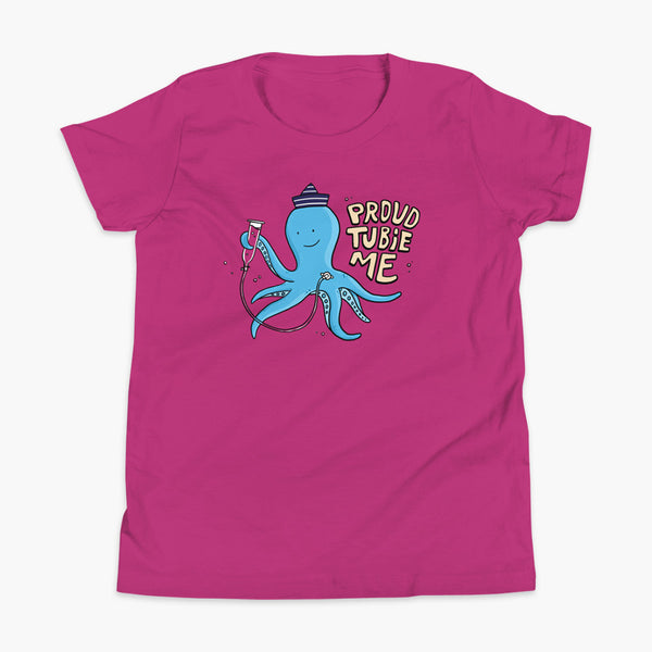 An octopus with a g-tube or gastronomy tube holding a feeding syringe doing a gravity feed in the ocean or underwater using his FreeArm feeding assistant with a stoma on a berry youth t-shirt