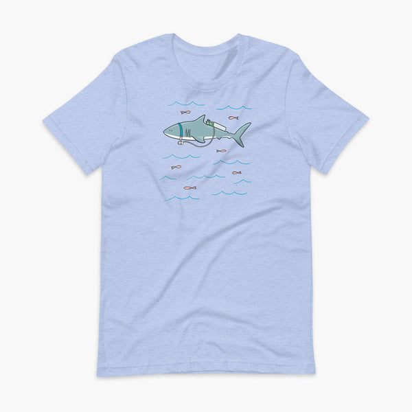A Great White Shark with a trach or tracheostomy and tubing that goes to an oxygen or 02 tank on his back. swimming in the ocean with fish on a heather blue adult t-shirt