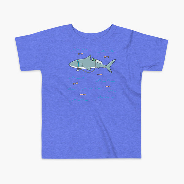 A Great White Shark with a trach or tracheostomy and tubing that goes to an oxygen or 02 tank on his back. swimming in the ocean with fish on a heather blue kids t-shirt