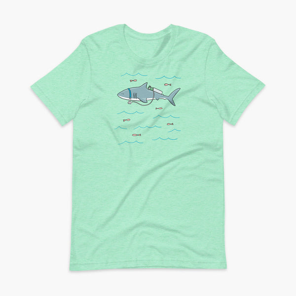 A Great White Shark with a trach or tracheostomy and tubing that goes to an oxygen or 02 tank on his back. swimming in the ocean with fish on a heather mint adult t-shirt