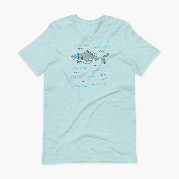 A Great White Shark with a trach or tracheostomy and tubing that goes to an oxygen or 02 tank on his back. swimming in the ocean with fish on a heather prism ice blue adult t-shirt