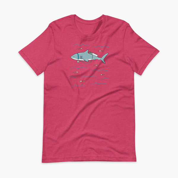 A Great White Shark with a trach or tracheostomy and tubing that goes to an oxygen or 02 tank on his back. swimming in the ocean with fish on a heather raspberry adult t-shirt