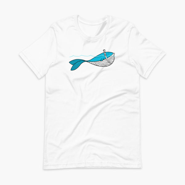 A blue whale with a trach or tracheostomy over his blow hole is happy and swimming in the water or ocean while living the trach life with his stoma on an adult white t-shirt