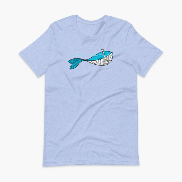 A blue whale with a trach or tracheostomy over his blow hole is happy and swimming in the water or ocean while living the trach life with his stoma on an adult heather blue t-shirt.