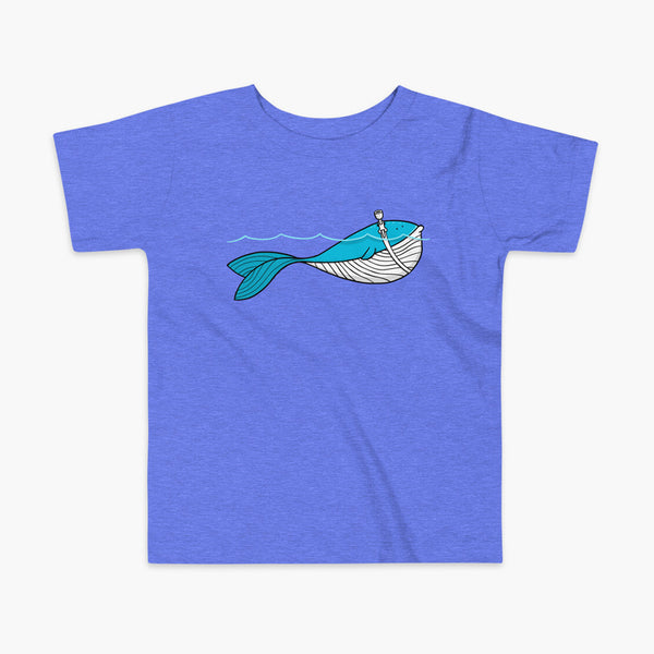 A blue whale with a trach or tracheostomy over his blow hole is happy and swimming in the water or ocean while living the trach life with his stoma on a kids heather columbia blue t-shirt