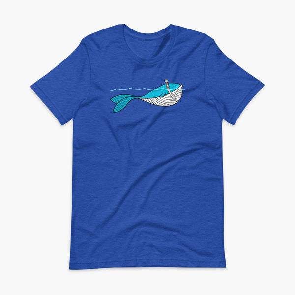 A blue whale with a trach or tracheostomy over his blow hole is happy and swimming in the water or ocean while living the trach life with his stoma on an adult heather true royal t-shirt