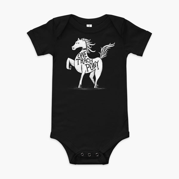 A horse or one trach pony on a black onesie with a tracheostomy for the StomaStoma trach life infant apparel