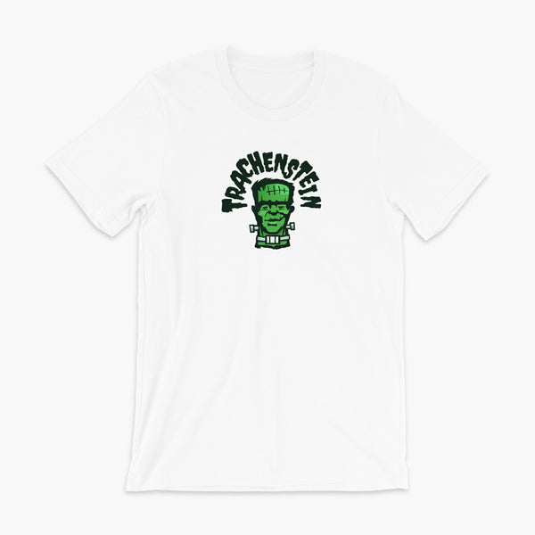 A Frankenstein with a trach or tracheostomy is called a Trachenstein! He has bolts in his neck and an HME on trach in his stoma. On a white adult t-shirt