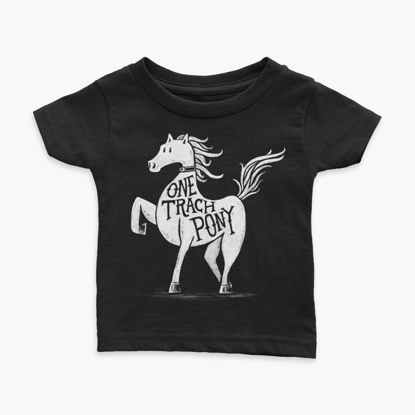 A horse or one trach pony on a black t-shirt with a tracheostomy for the StomaStoma trach life infant apparelA horse or one trach pony with a trach tracheostomy in the stoma for the StomaStoma trach life on a black infant t-shirt 