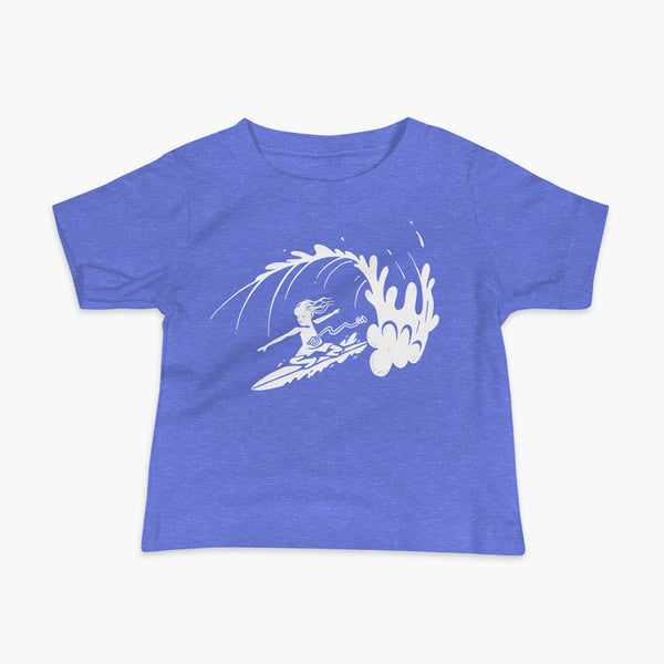 A white block print style illustration of a young kid surfing in a wave, getting tubed or barreled and he has a g-tube flowing from his stomach as he flies down the line on a columbia heather blue infant t-shirt