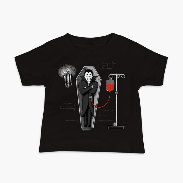 A halloween vampire is sleeping in a coffin in his castle and eating blood through a drip blood bag directly into his g-tube or gastronomy tube and g-tube mic-key an infant black adult t-shirt