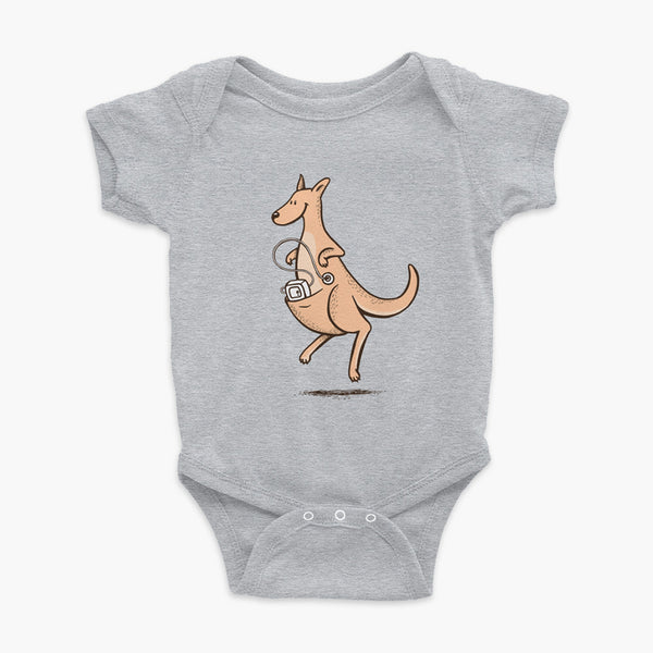 A happy orange tube kangaroo hops along with her Joey feeding pump and feeding tube sitting in her pouch with a g-tube on a heather grey infant onesie 