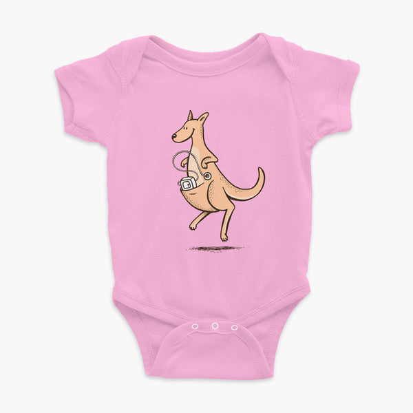 A happy orange tube kangaroo hops along with her Joey feeding pump and feeding tube sitting in her pouch with a g-tube on a pink infant onesie 
