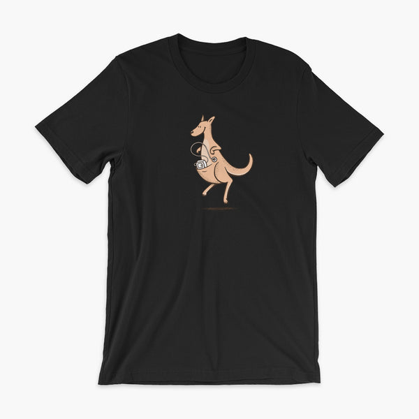 A happy orange tube kangaroo hops along with her Joey feeding pump and feeding tube sitting in her pouch with a g-tube on a black adult t-shirt