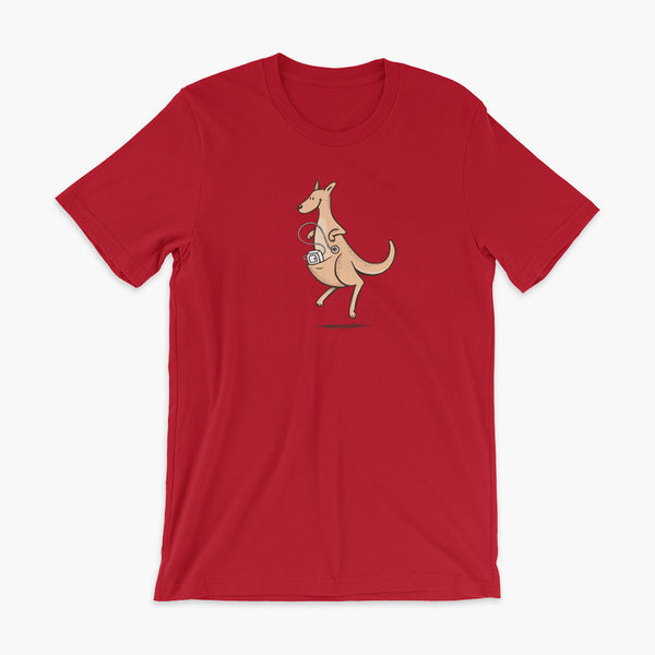 A happy orange tube kangaroo hops along with her Joey feeding pump and feeding tube sitting in her pouch with a g-tube on a red adult t-shirt