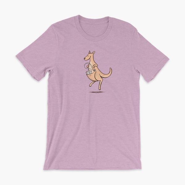 A happy orange tube kangaroo hops along with her Joey feeding pump and feeding tube sitting in her pouch with a g-tube on a lilac adult t-shirt