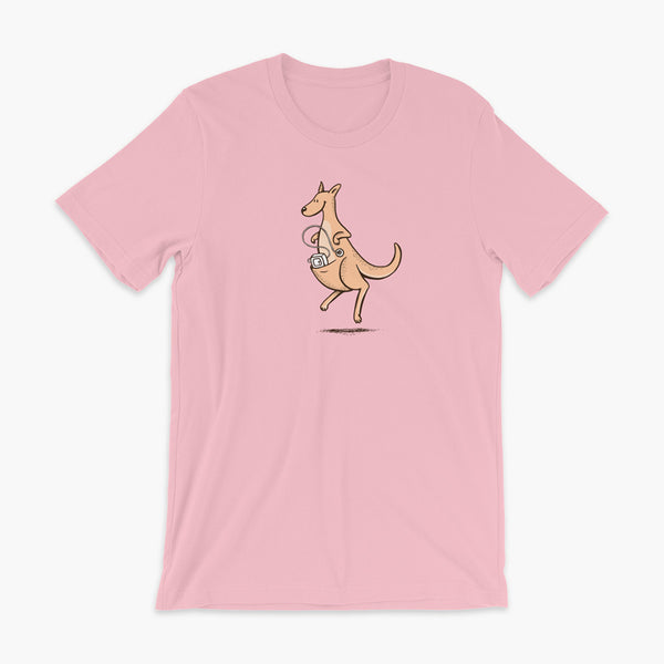 A happy orange tube kangaroo hops along with her Joey feeding pump and feeding tube sitting in her pouch with a g-tube on a pink adult t-shirt