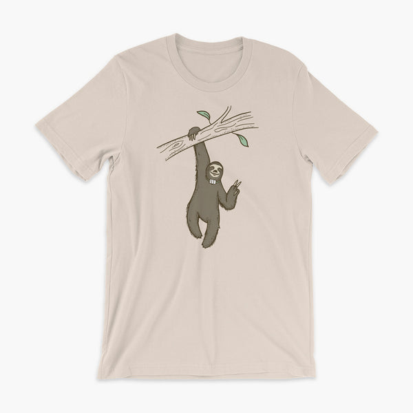 A lazy sloth just hangs from a tree flashing a peace sign with a trach or tracheostomy and an HME for humidification on a soft creme adult t-shirt