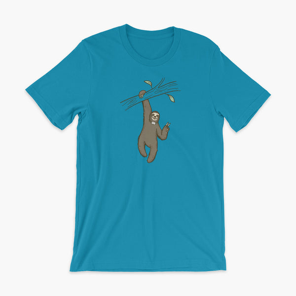 A lazy sloth just hangs from a tree flashing a peace sign with a trach or tracheostomy and an HME for humidification on a aqua adult t-shirt