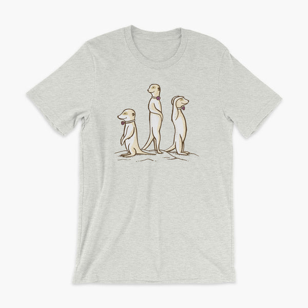 Three Passy Meerkats looking around and smiling with Passy Muir Valves and trach tracheostomy heather ash adult t-shirt for stoma life 