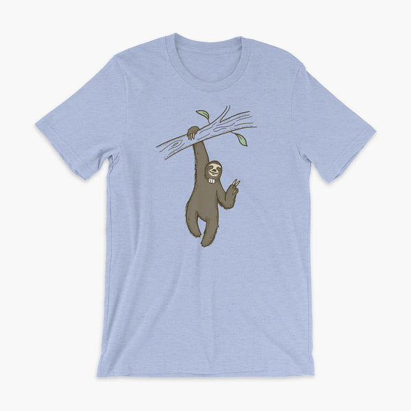 A lazy sloth just hangs from a tree flashing a peace sign with a trach or tracheostomy and an HME for humidification on a heather blue adult t-shirt