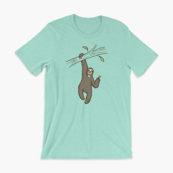 A lazy sloth just hangs from a tree flashing a peace sign with a trach or tracheostomy and an HME for humidification on a heather mint adult t-shirt