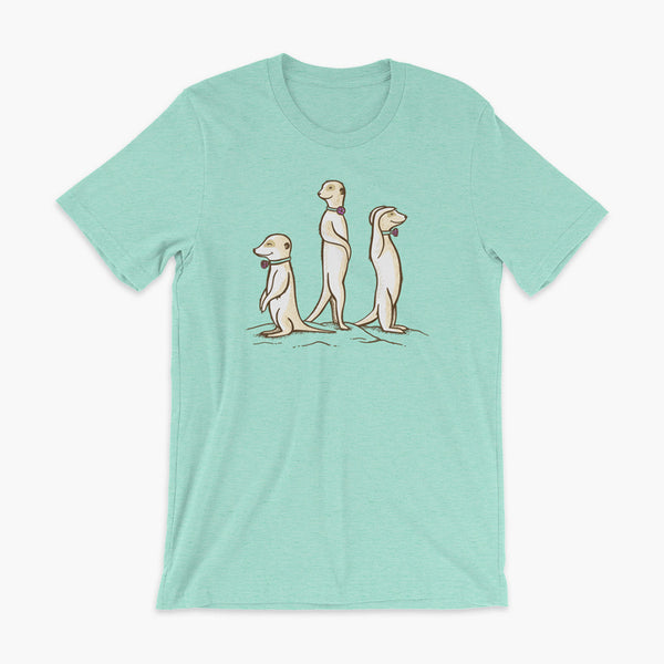 Three Passy Meerkats looking around and smiling with Passy Muir Valves and trach tracheostomy heather mint adult t-shirt for stoma life 