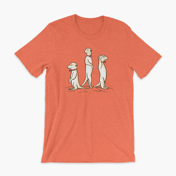 Three Passy Meerkats looking around and smiling with Passy Muir Valves and trach tracheostomy heather orange adult t-shirt for stoma life 