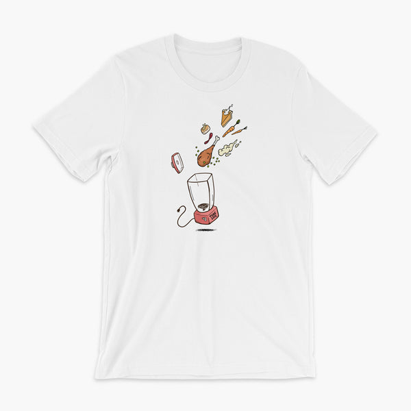 A Thanksgiving dinner getting thrown into a blender - a turkey leg, mashed potatoes, carrots, pumpkin pie and bread on a white adult t-shirt. A meal for those who are living the Tube Life with a Stoma.