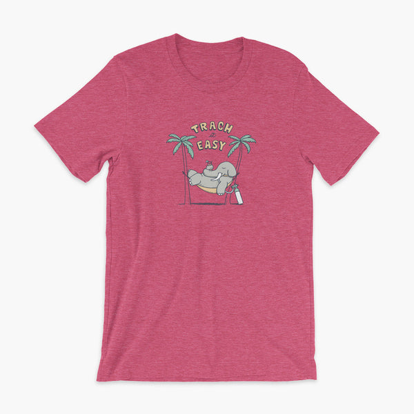 An elephant with a trach or tracheostomy and connected to an oxygen tank sits in a hammock between two palm trees with his nose around a drink just trachin’ it easy and relaxing on a heather raspberry adult t-shirt
