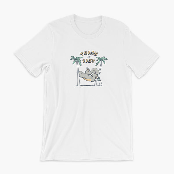 An elephant with a trach or tracheostomy and connected to an oxygen tank sits in a hammock between two palm trees with his nose around a drink just trachin’ it easy and relaxing on a white adult t-shirt