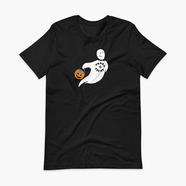 A white ghost with a tracheostomy wearing a trach or treat shirt holding a halloween bucket of trachs and saline on a heather black adult t-shirt