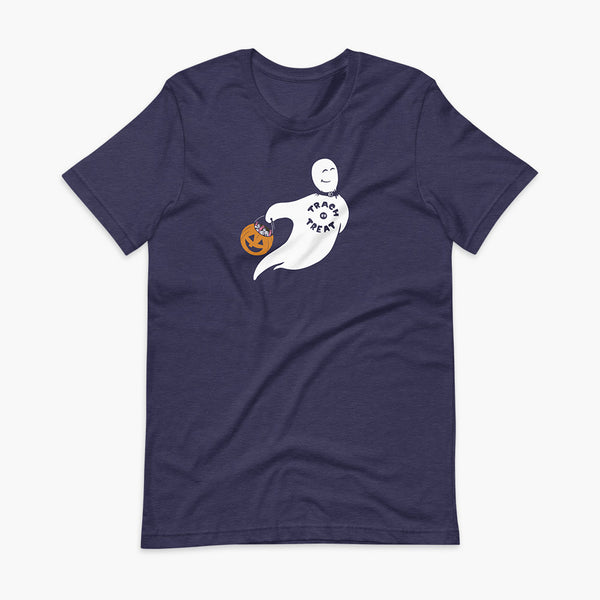 A white ghost with a tracheostomy wearing a trach or treat shirt holding a halloween bucket of trachs and saline on a heather midnight navy adult t-shirt