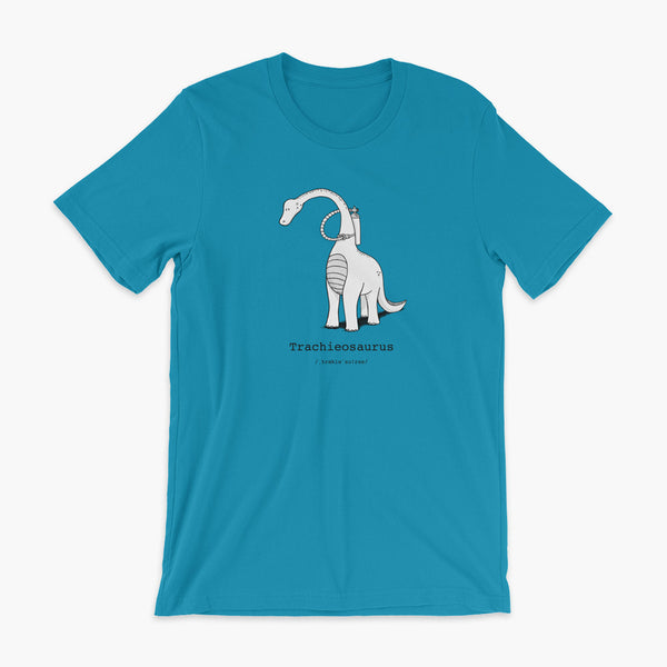 Trachieosaurus a dinosaur with a trach or tracheostomy and oxygen for living the trach life with a tracheostomy by StomaStoma on a aqua adult t-shirt