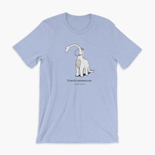 Trachieosaurus a dinosaur with a trach or tracheostomy and oxygen for living the trach life with a tracheostomy by StomaStoma on a white heather blue t-shirt