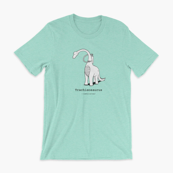 Trachieosaurus a dinosaur with a trach or tracheostomy and oxygen for living the trach life with a tracheostomy by StomaStoma on a white heather mint t-shirt