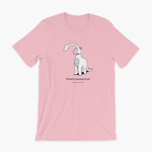 Trachieosaurus a dinosaur with a trach or tracheostomy and oxygen for living the trach life with a tracheostomy by StomaStoma on a white pink t-shirt