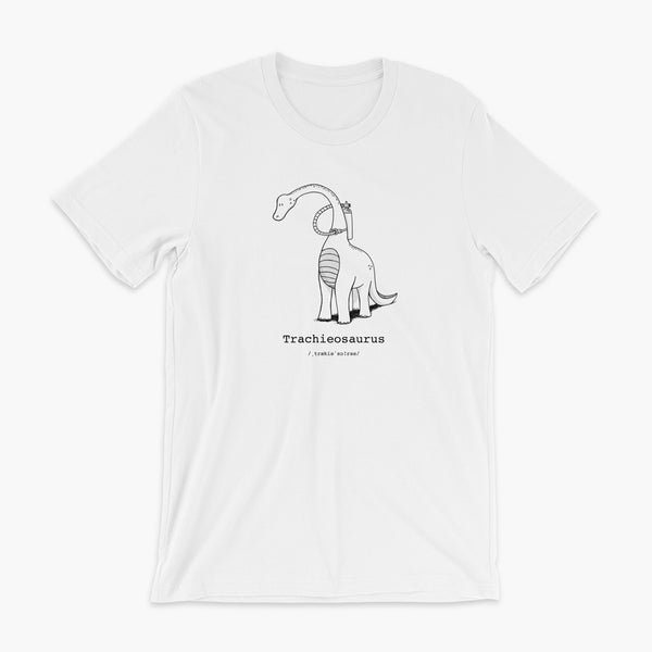 Trachieosaurus a dinosaur with a trach or tracheostomy and oxygen for living the trach life with a tracheostomy by StomaStoma on a white adult t-shirt