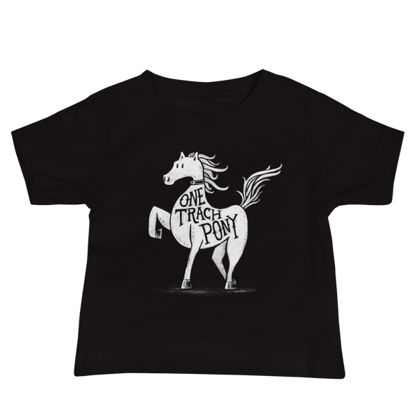  A horse or one trach pony with a trach tracheostomy in the stoma for the StomaStoma trach life on a black infant t-shirt 