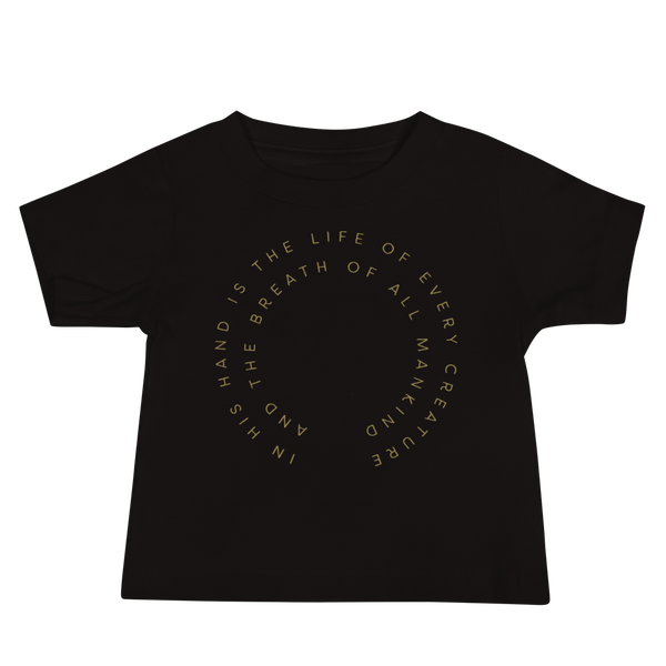Bible Verse Job 12:10 written in text in a circle for living the tubie and trach life with a stoma by StomaStoma on a black infant t-shirt.