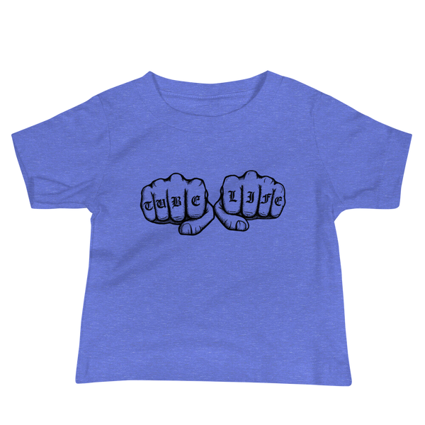 An old English knuckle tattoo that says "tube life" - for living the gtube and trach life with a stoma on a heather columbia blue infant t-shirt
